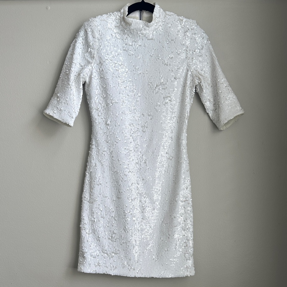 Alice + Olivia White Sequin Sleeve Dress